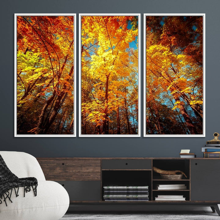 Forest View at Fall Wall Art hangs prominently, showcasing its beauty.