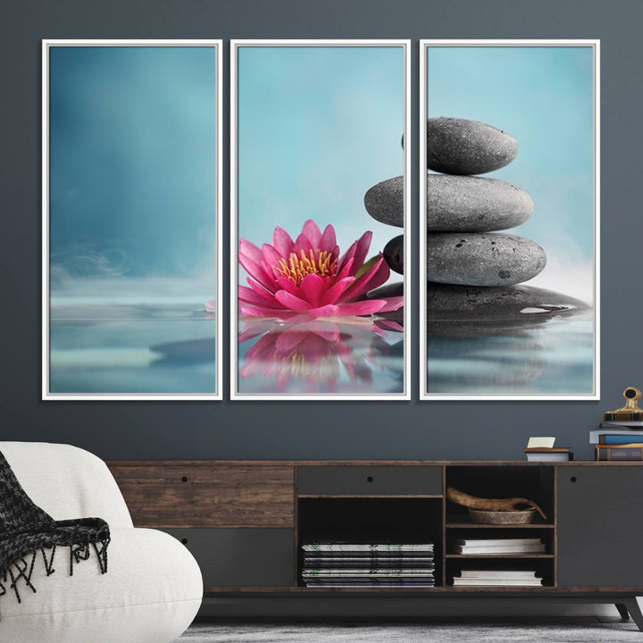 The dining room features a Zen Serenity Triptych wall art, showcasing a calming depiction of lotus flowers and balancing stones.