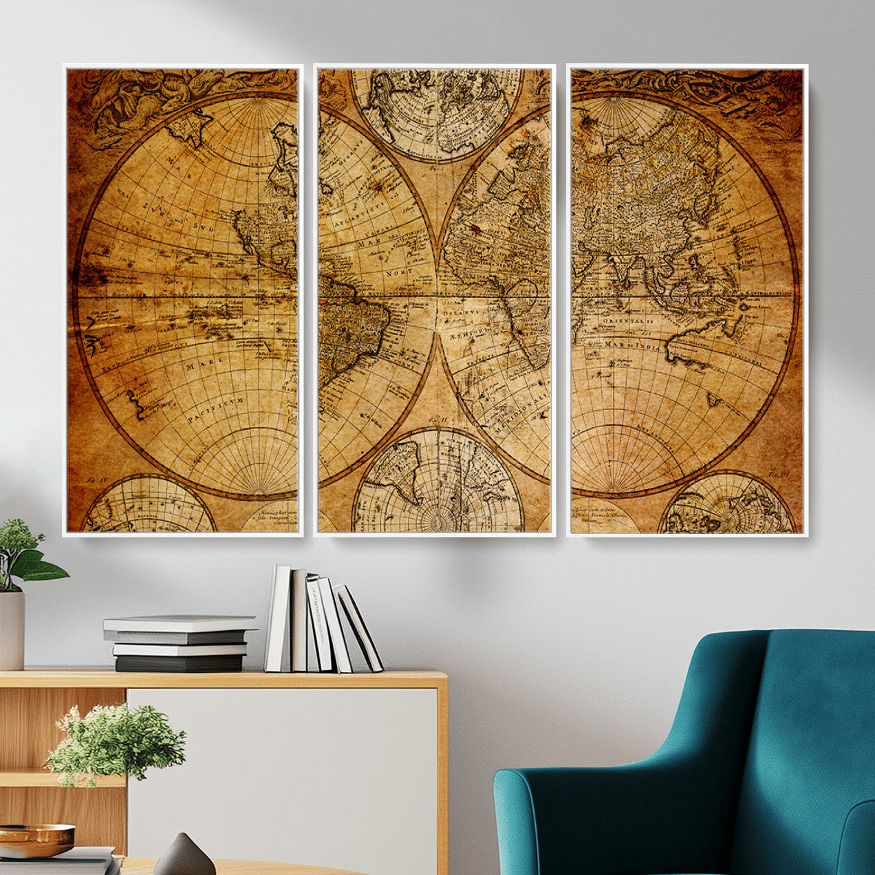 25517-MGV-FC-48X32-3P - Vintage World Map Canvas Print – Antique Push Pin Travel Map, Framed Wall Art for Home or Office Decor