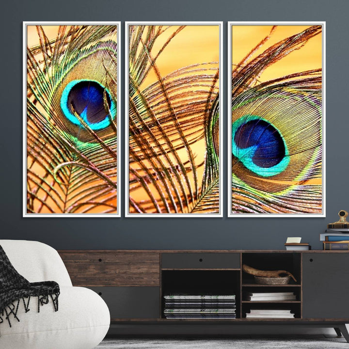 The room features vibrant peacock feather wall art.