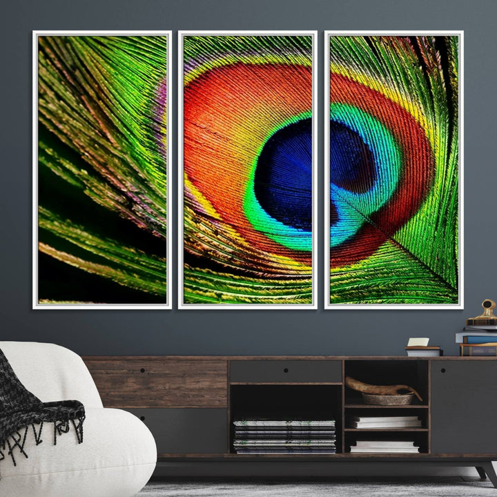 The Colorful Peacock Feather Wall Art Print graces the wall.