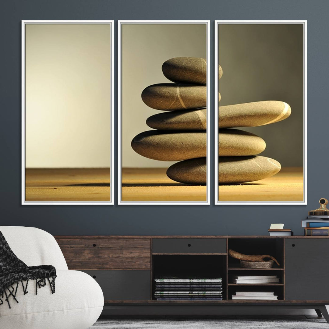 The Yellow Zen Stones on Yellow Background Wall Art is a striking feature in this minimalist kitchen.