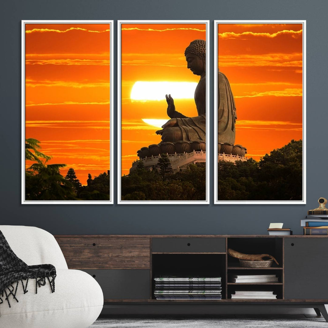 The Buddha Statue at Sunset canvas print adds serenity to the space.