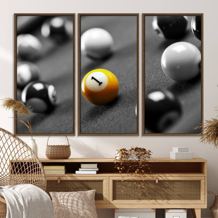 The Black and White Concept Billiard Balls Canvas Print elevates the space with museum-quality charm.