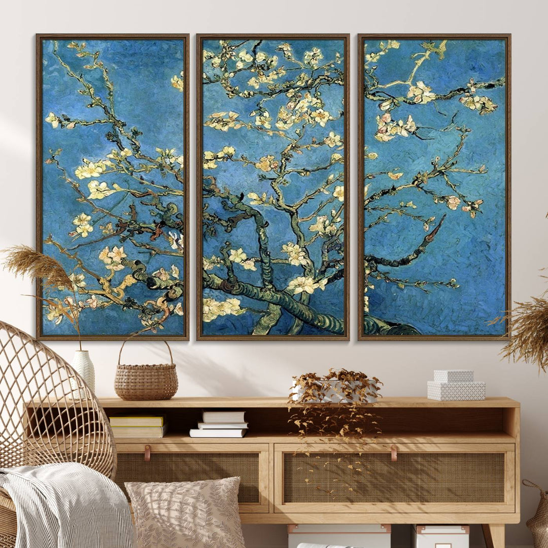 A Van Goghs Almond Blossom canvas print adds a touch of elegance to the wall.