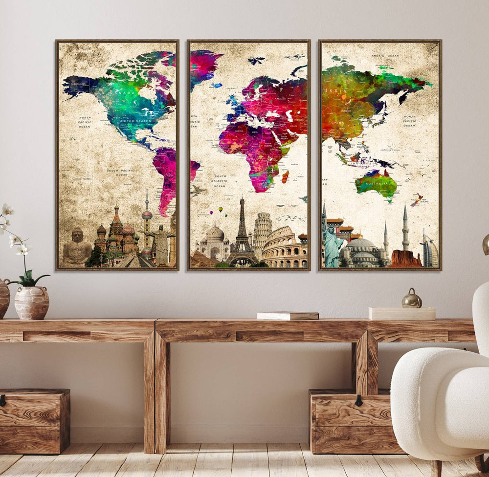 World map wall art print with landmarks on a grunge-stained background, perfect for stunning decor.