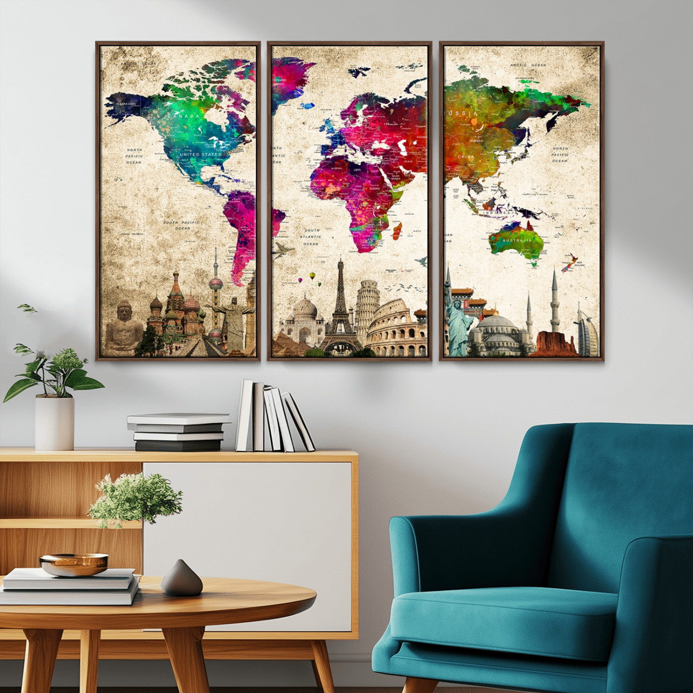 MGV-FC-48X32-3P - Push Pin World Map Canvas Print – Framed Wall Art for Couples to Track Their Travels – Anniversary