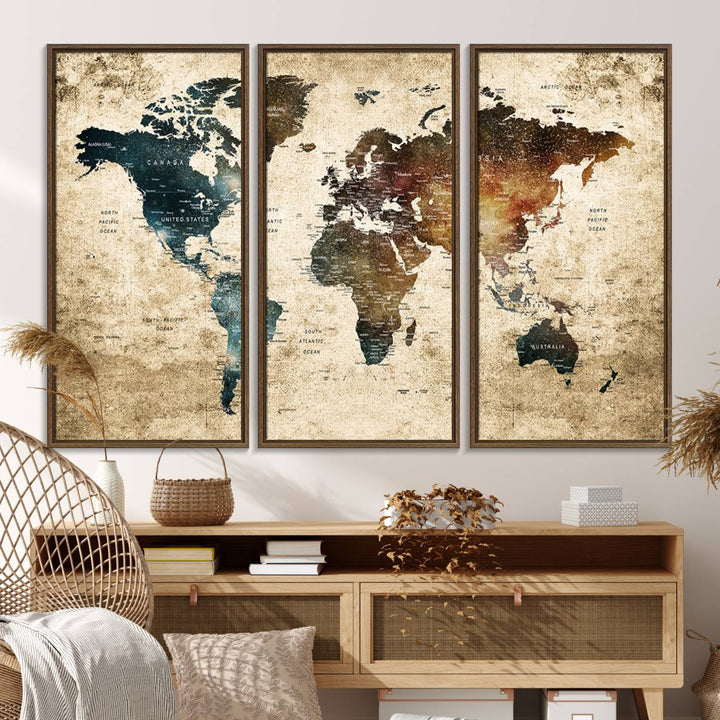 Vintage World Map Canvas Wall Art, perfect for antique-style decor, displayed against a light wood wall.