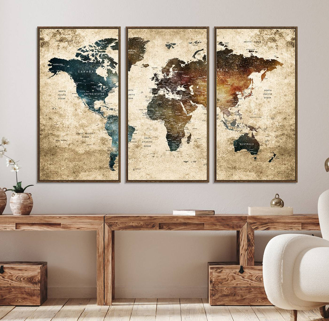 Grunge World Map Canvas featuring earth-toned continents, suitable for study, office, or living room.