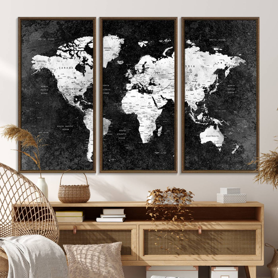 The dining room features a Modern Grayscale World Map 3-Panel Canvas Art as its focal point.