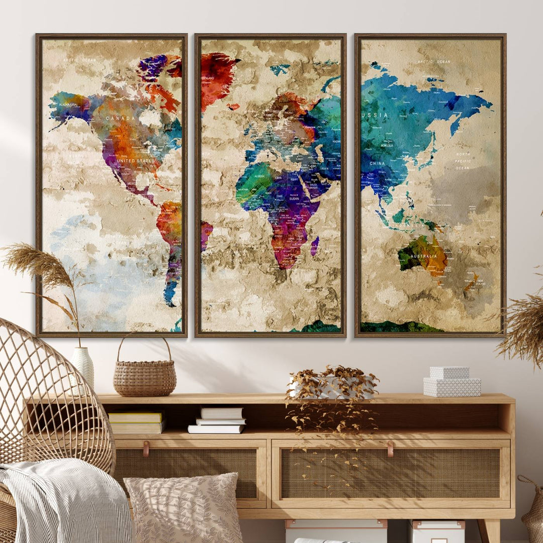 An Abstract Large Watercolor World Map Canvas Print hangs prominently.