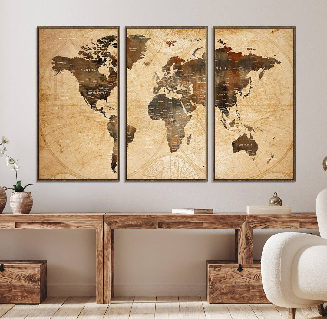 Vintage World Map: 3-Panel Canvas Print in antique rustic style. Framed and gallery wrapped. Ideal for decor.
