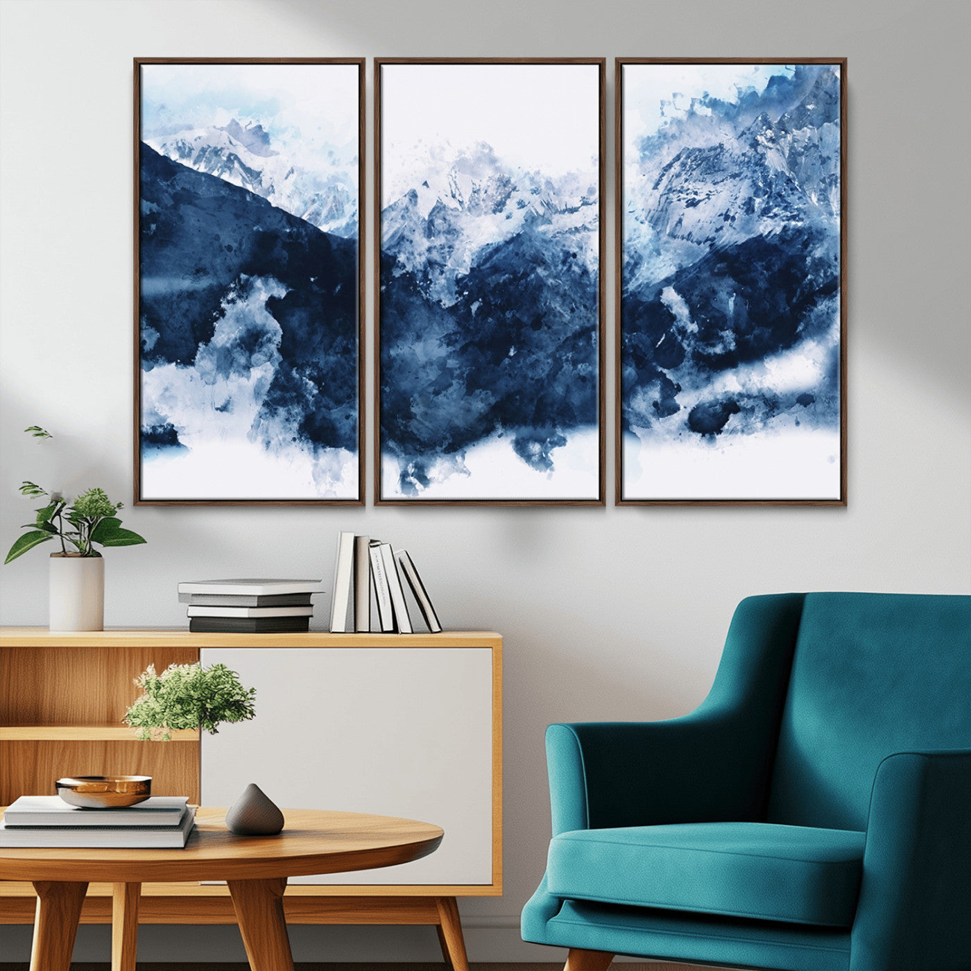 81700-MGV-CV-36X24-Abstract Blue Mountain Canvas Wall Art – Modern Triptych Landscape Print – Contemporary Nature Decor for Living Room or Office – Ready to