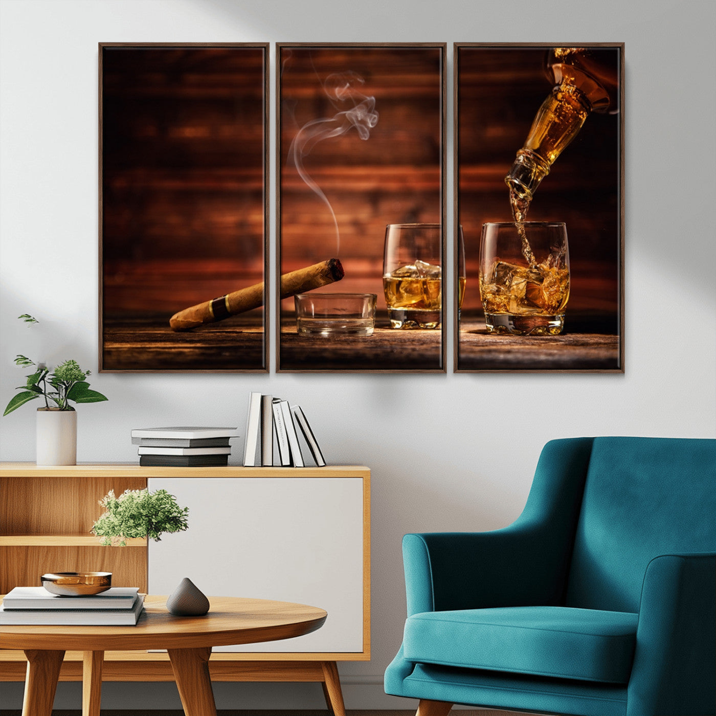 MGV-FC-48X32-3P - Whiskey and Cigar Wall Art Canvas | 3 Panel Bar Room Decor for Home Lounge, Office, or Man Cave |