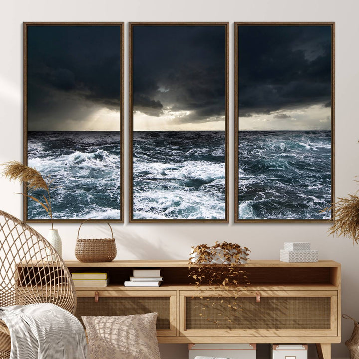 A Dark Clouds Stormy Sea canvas print, ready to hang, enhances the room.