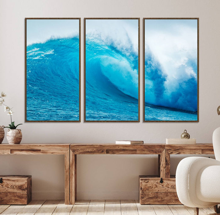 A museum-quality canvas depicting a vibrant blue ocean wave with white foam under a clear sky.