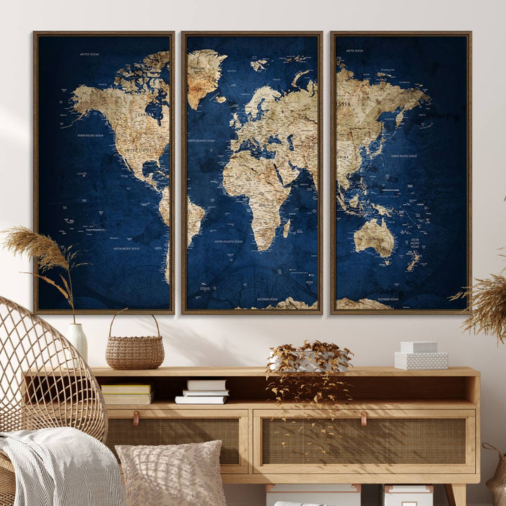 Classic Vintage Blue World Map Canvas Print featuring beige continents against a deep blue background.