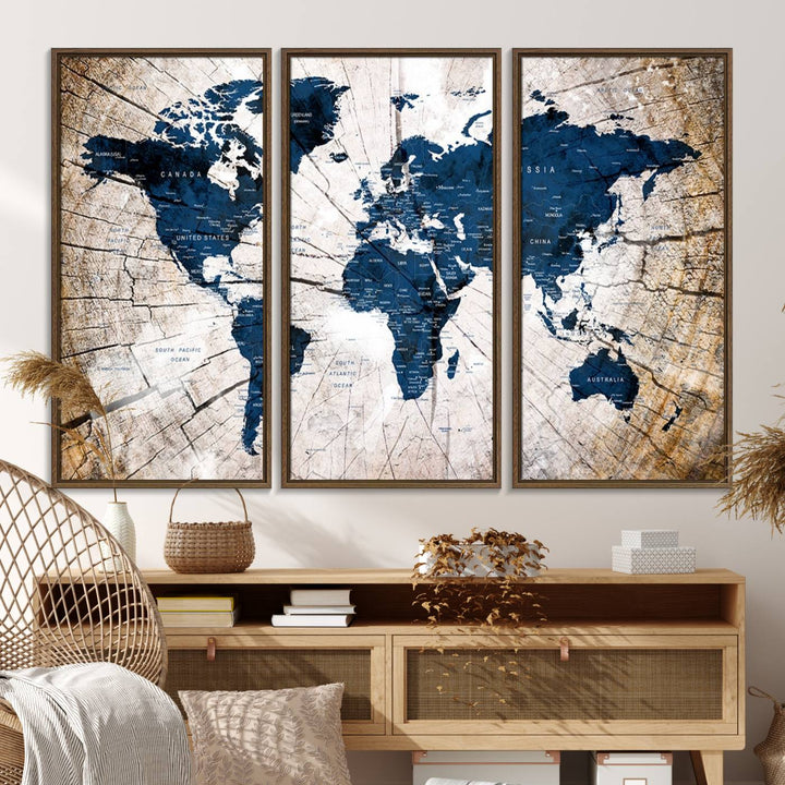 The Vintage World Map on Grunge Background Canvas serves as the focal point of the room.