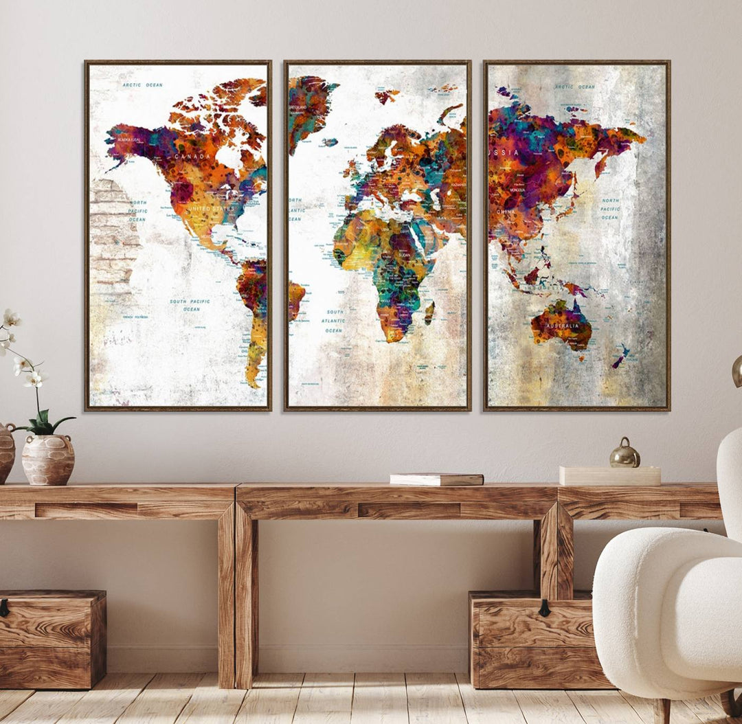 A vibrant Grunge Map Canvas Wall Art Set (3 Panels) for home or office decor, perfect for travel enthusiasts.