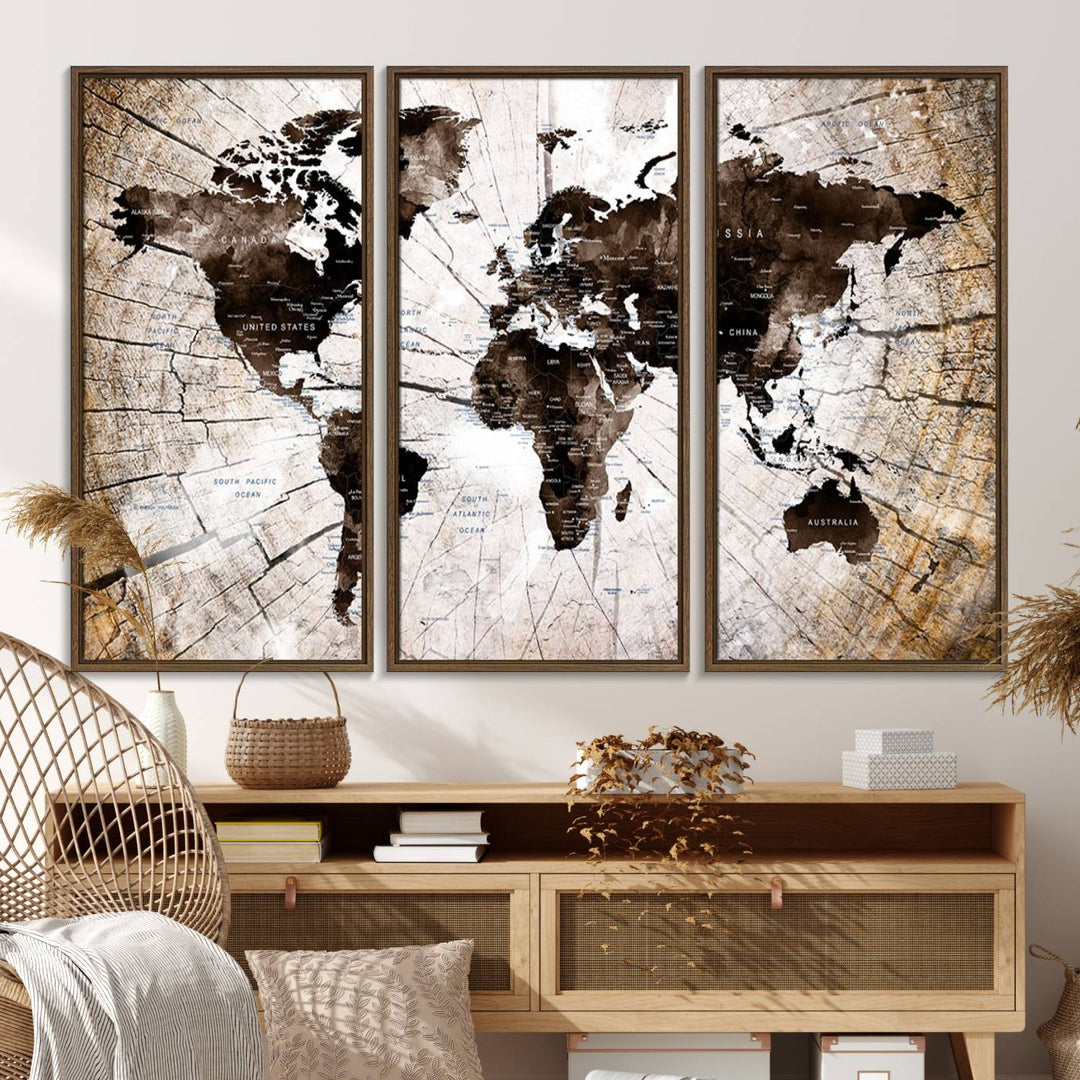 The Tree Ring World Map Canvas hangs above the table, blending into the nature-inspired setting.