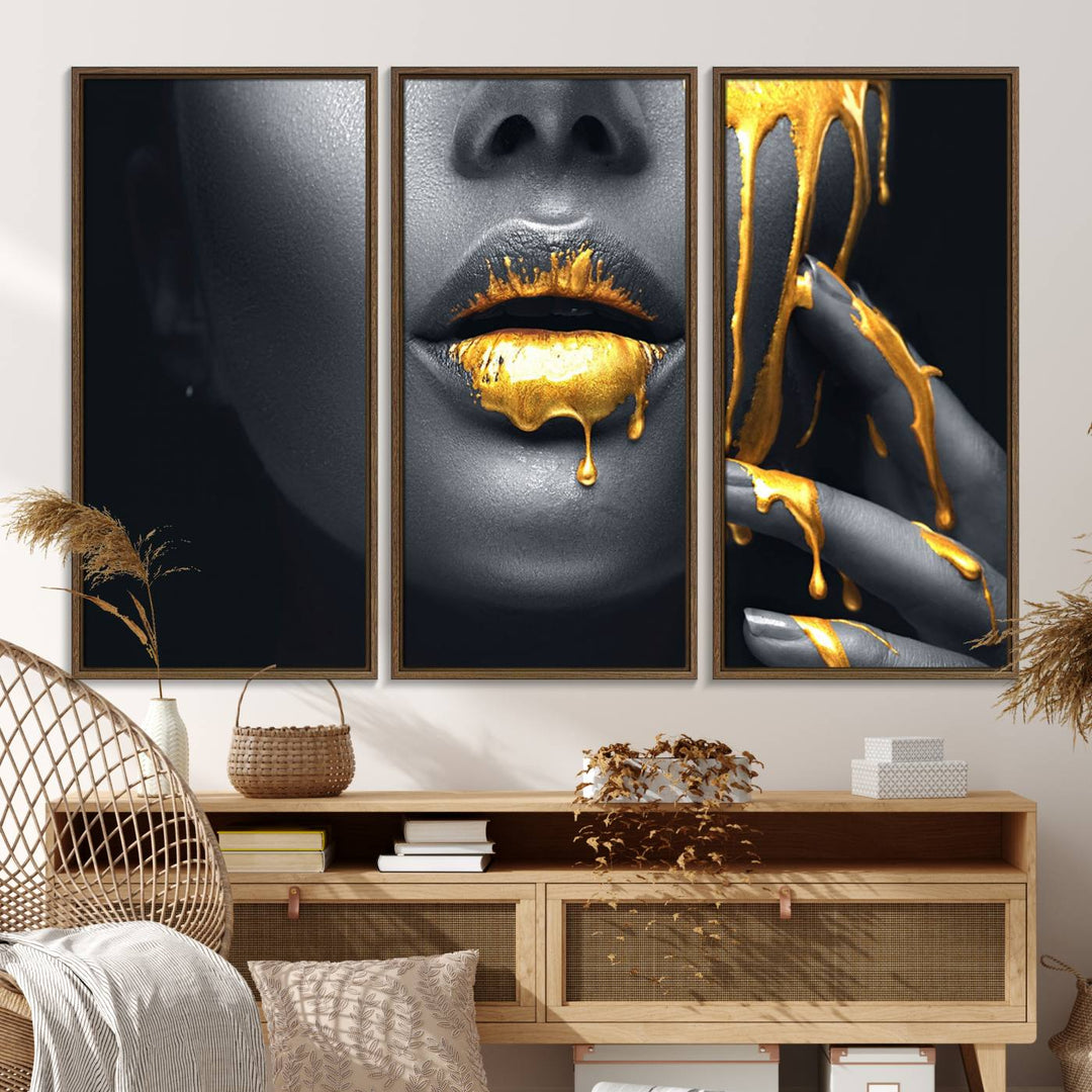 The Gold Lips and Black Woman Makeup Canvas Print features a chic monochrome face design, making it ideal for a modern dining room.