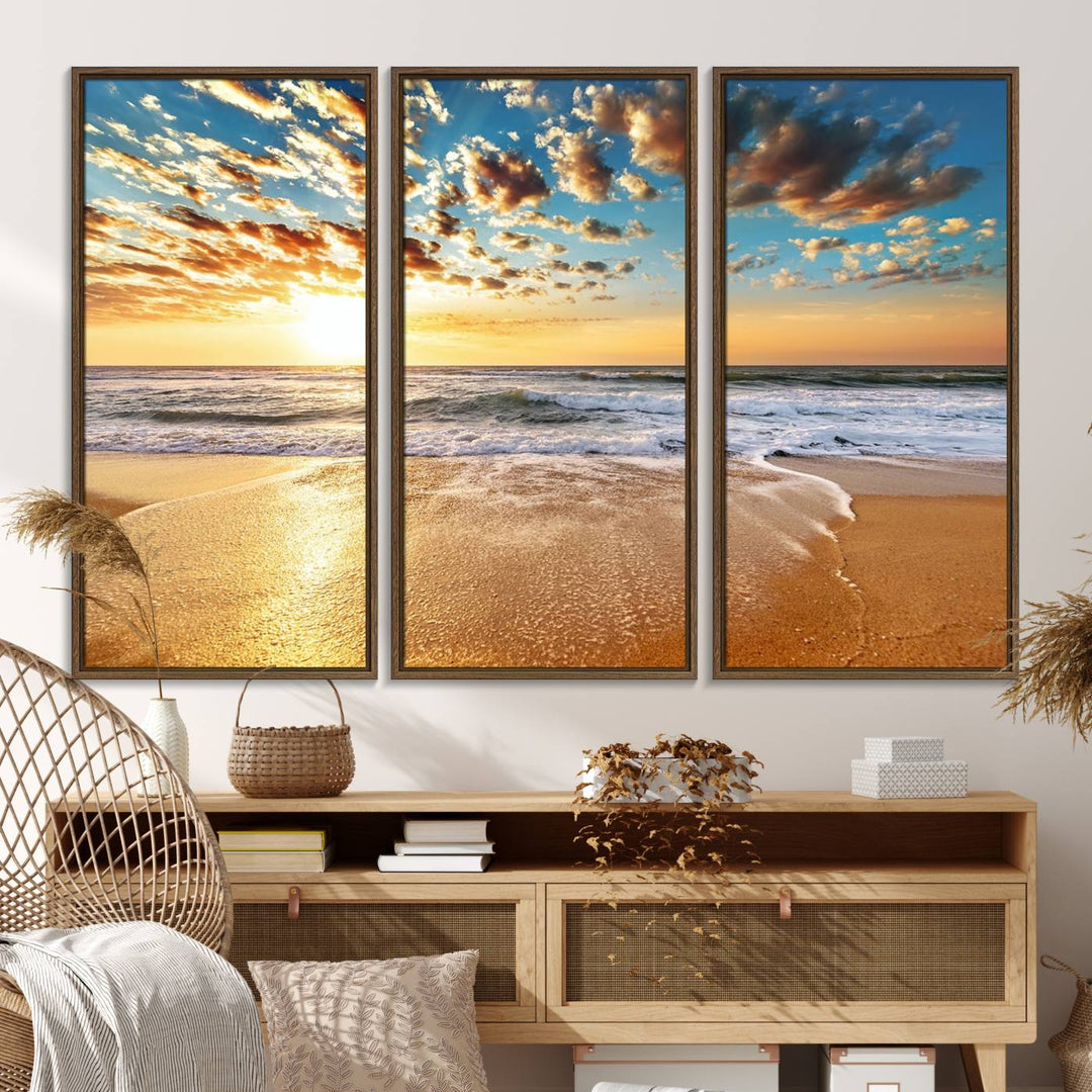 A gallery-wrapped canvas titled Soothing Sunset on Calm Beach is featured.