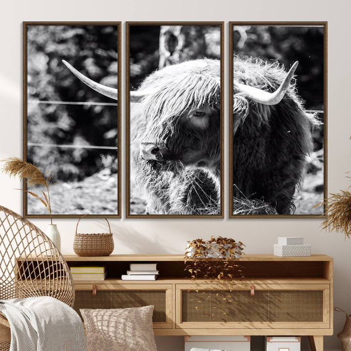 The black and white Highland Cow Canvas Wall Art adds farmhouse elegance to the space.