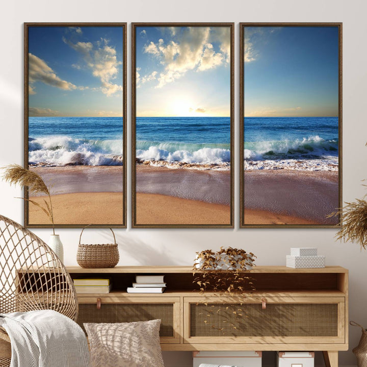 The dining room features a Coastal Tropical Beach Sunset canvas wall art.