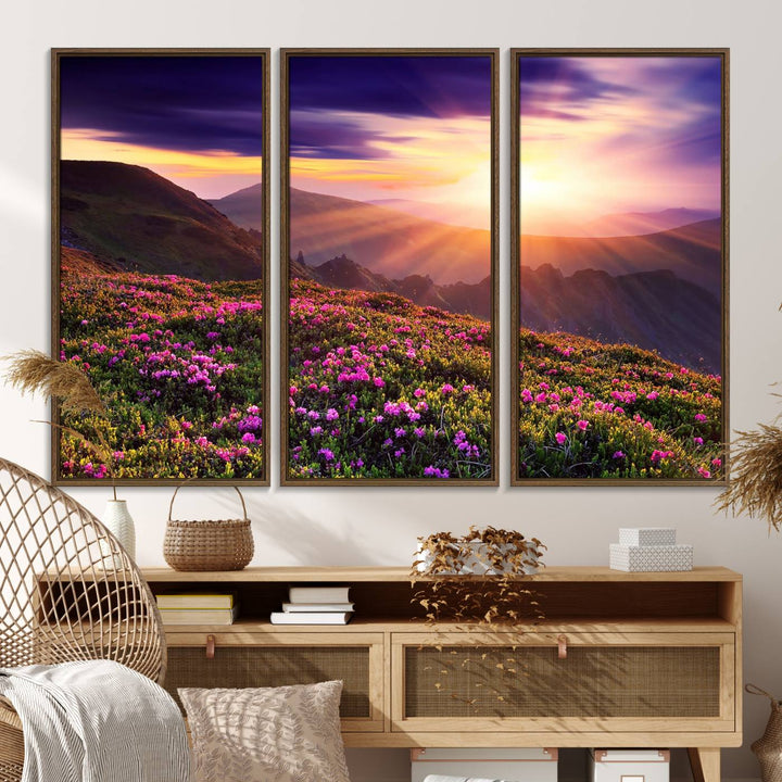 Gallery-wrapped wall art of a stunning mountain sunset and purple flowers.