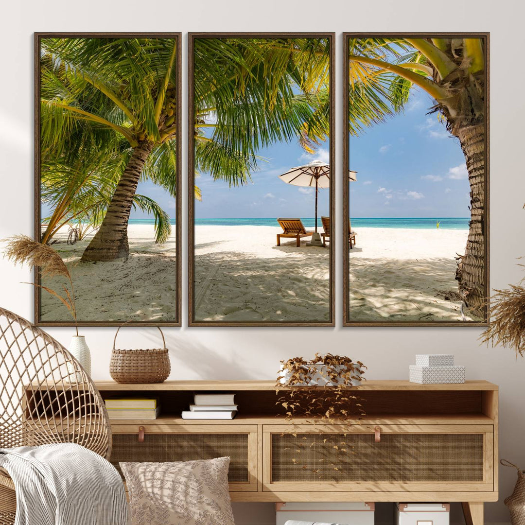 The canvas art print titled Lounge Chairs Palm Trees on Tropical Beach offers free shipping.