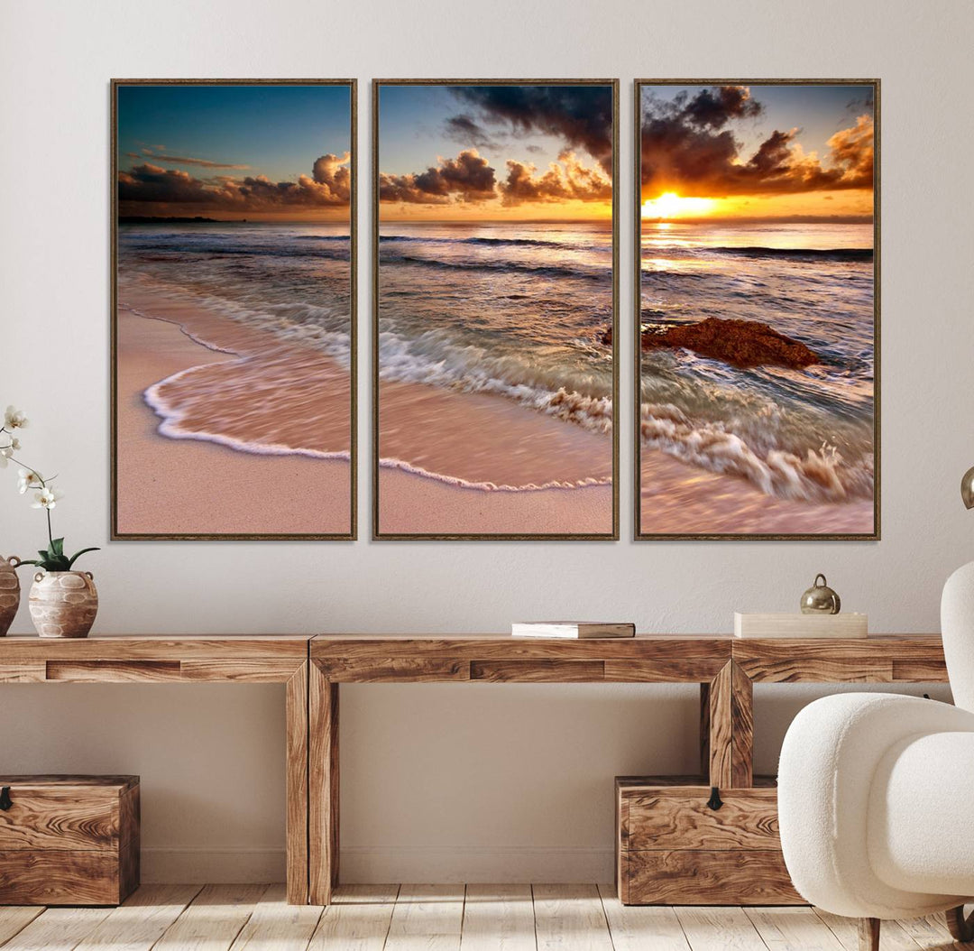 The Sunset on Ocean Wall Art Canvas Print beautifully captures a beach sunset, gentle waves, and a peaceful atmosphere.