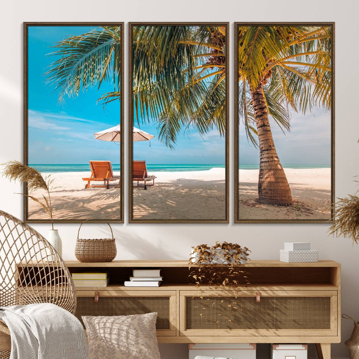 The 3-panel Tropical Beach Wall Art features palm trees and sun loungers, perfect for coastal decor.