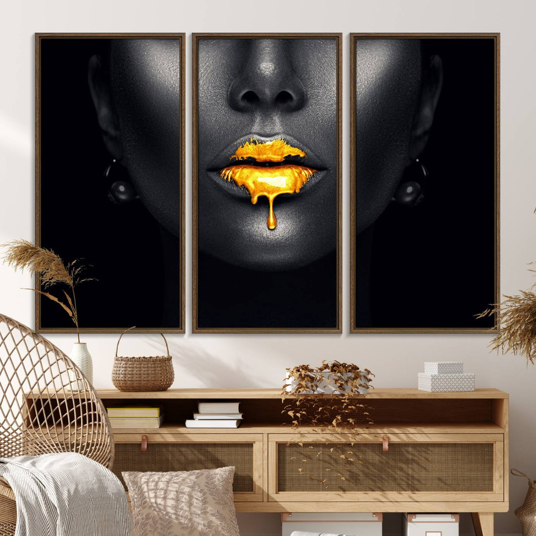 The Honey Gold Lips and Black Woman Photograph canvas print adds a striking touch to the room.