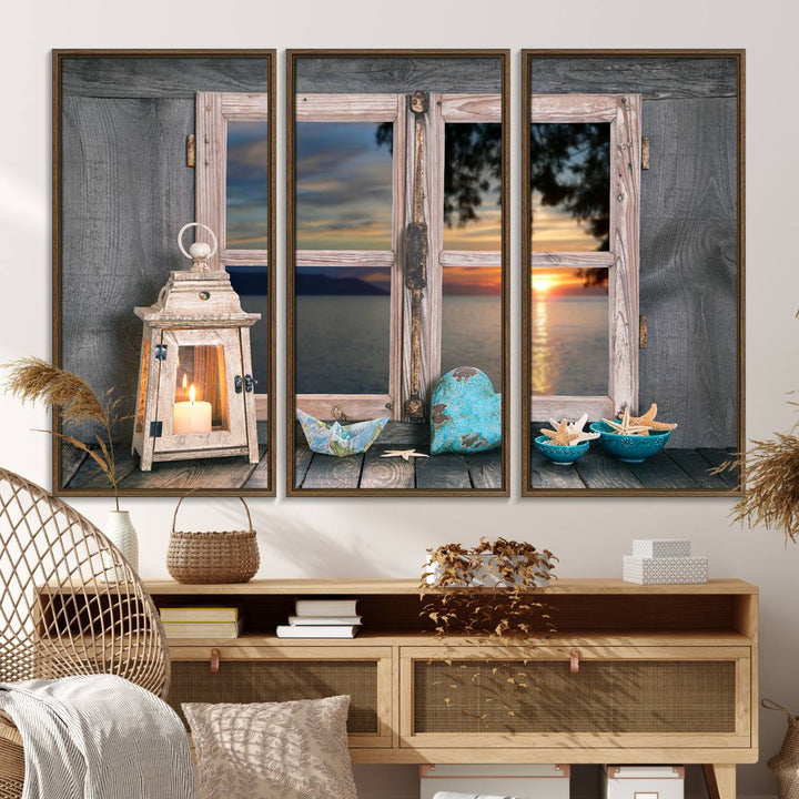 The Astonishing Sunset from the Window canvas print beautifully captures a sea view, accompanied by a lantern and starfish.