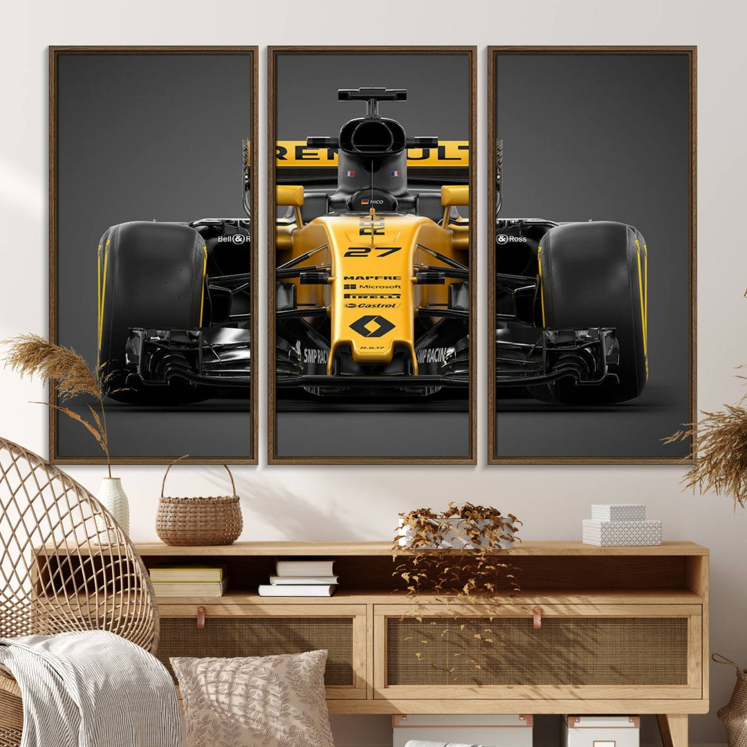 A yellow and black F1 Renault car canvas print with free shipping.