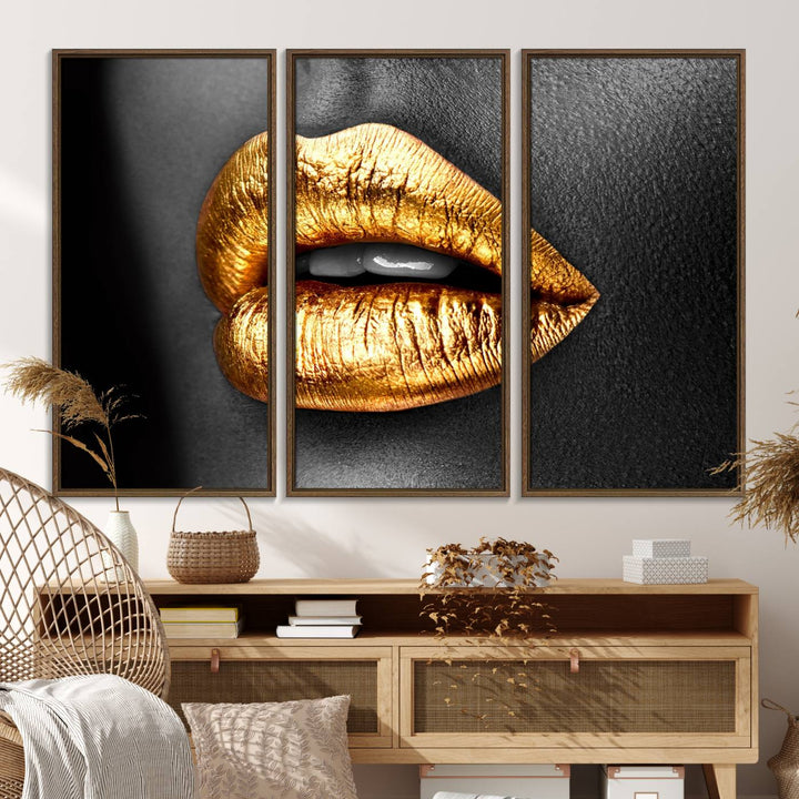 The Gold Lips Canvas Wall Art on a black background is showcased.