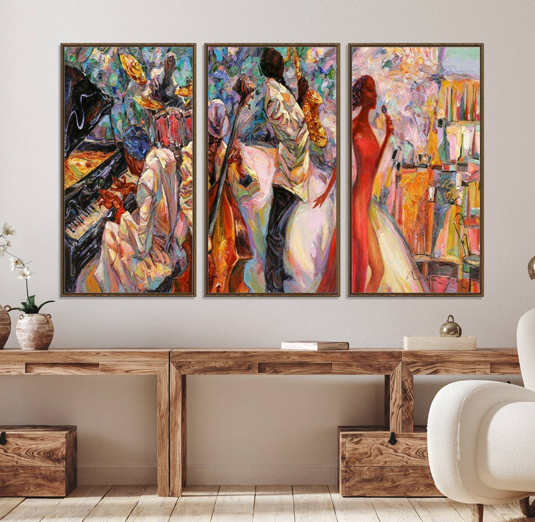 The Abstract Afro American Jazz Canvas captures a vibrant jazz band and showcases a woman dancing in red, making it perfect for dining or music spaces.