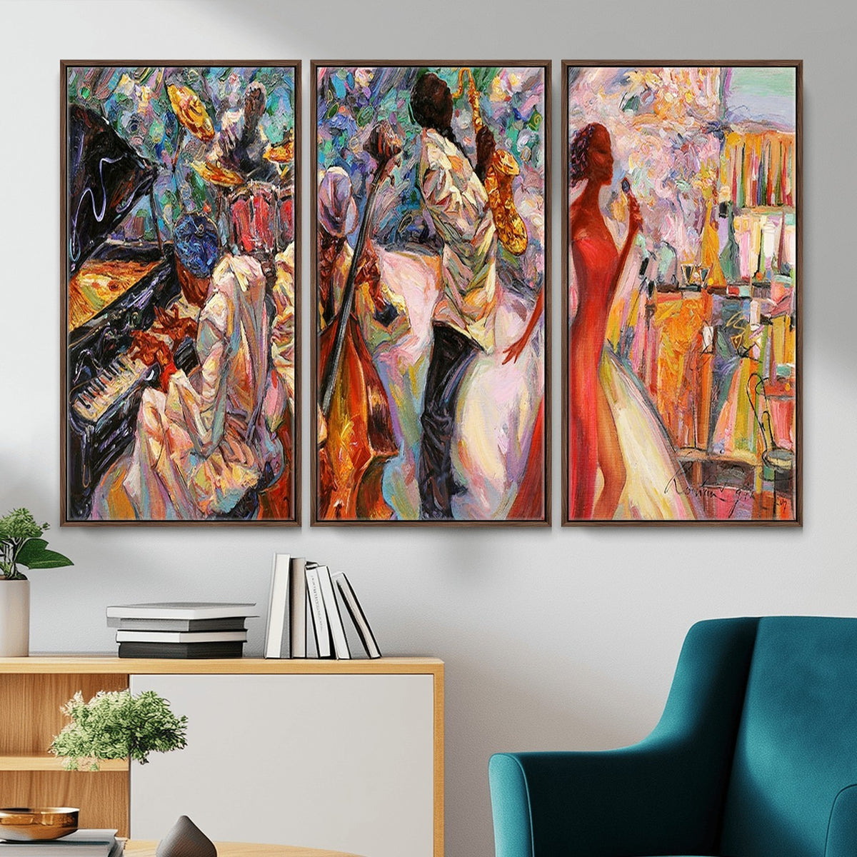 40574-_Poster-30x20 - Afro American Jazz Band Canvas Wall Art | 3 Panel Music Studio Decor