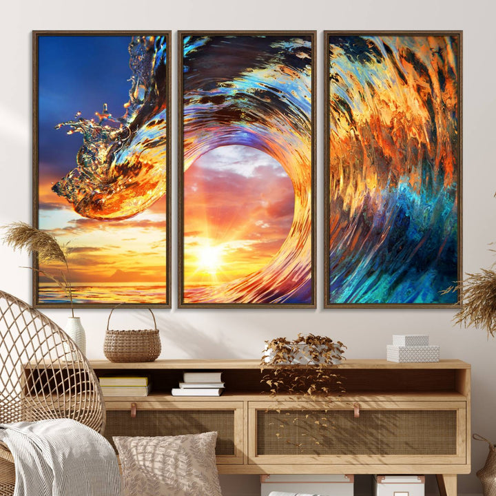 Wave Canvas Wall Art: A multi-panel sunset ocean scene that adds vibrant decor to any space.