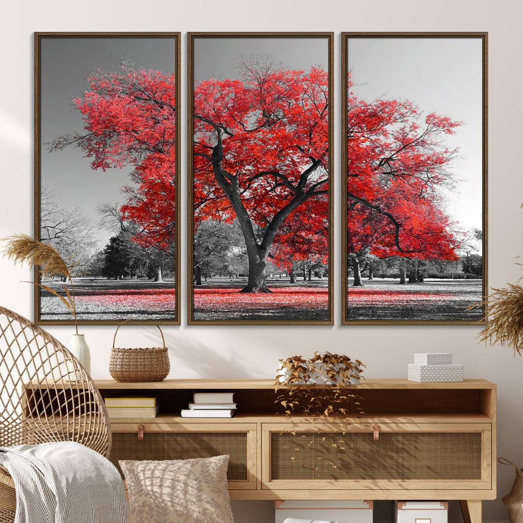 A Red Autumn Tree Canvas Wall Art Print of red leaves.