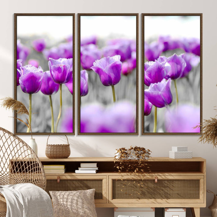 A gallery-wrapped Tulip Fields canvas wall art in a vivid purple hue.