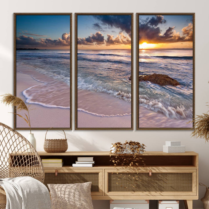 The room features a Sunset Beach Waves Canvas above the counter.