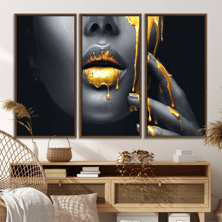 Above the dining area is the Gold Glitter Lips Fashion Makeup canvas wall art.