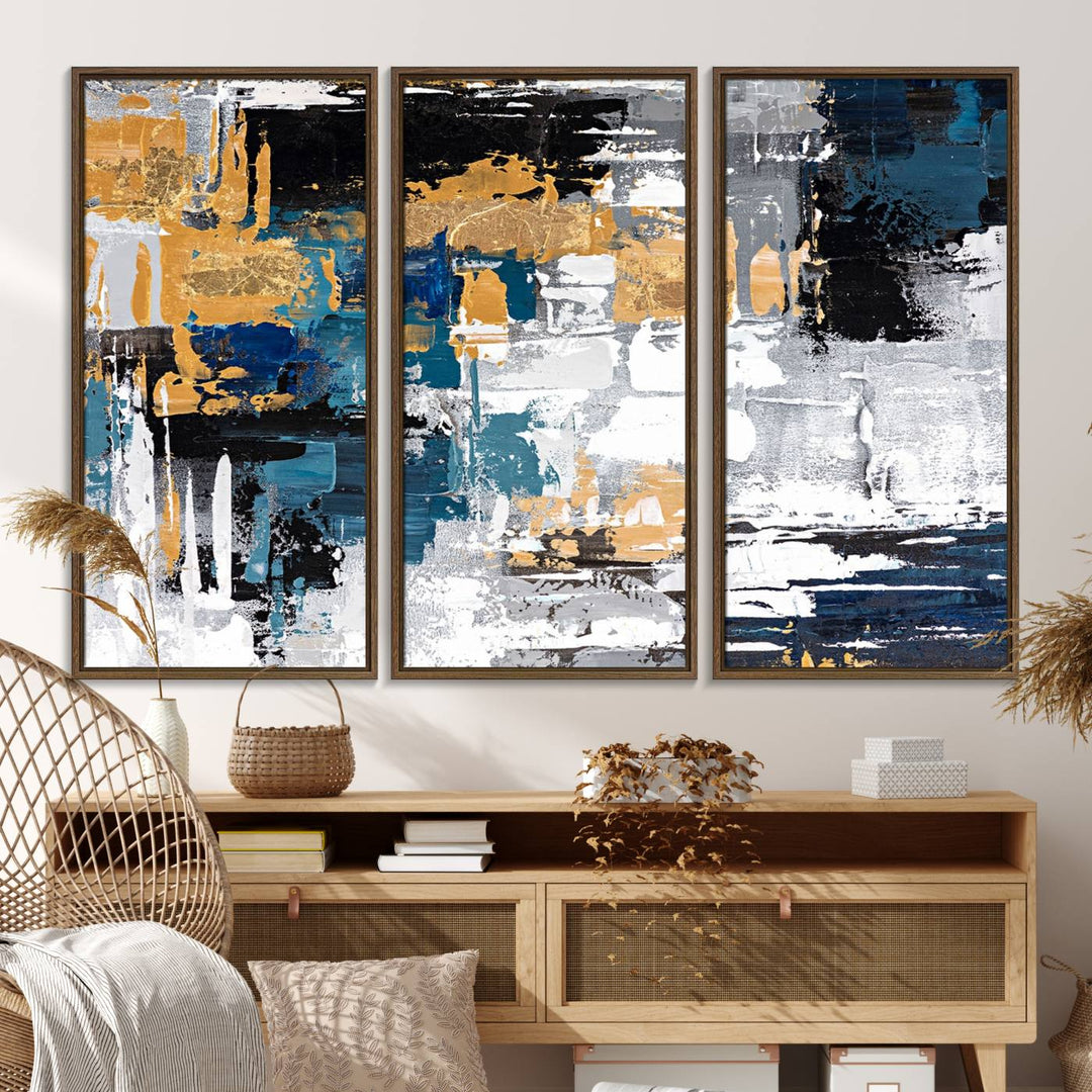 Blue and Gold Abstract Canvas Wall Art hangs prominently.