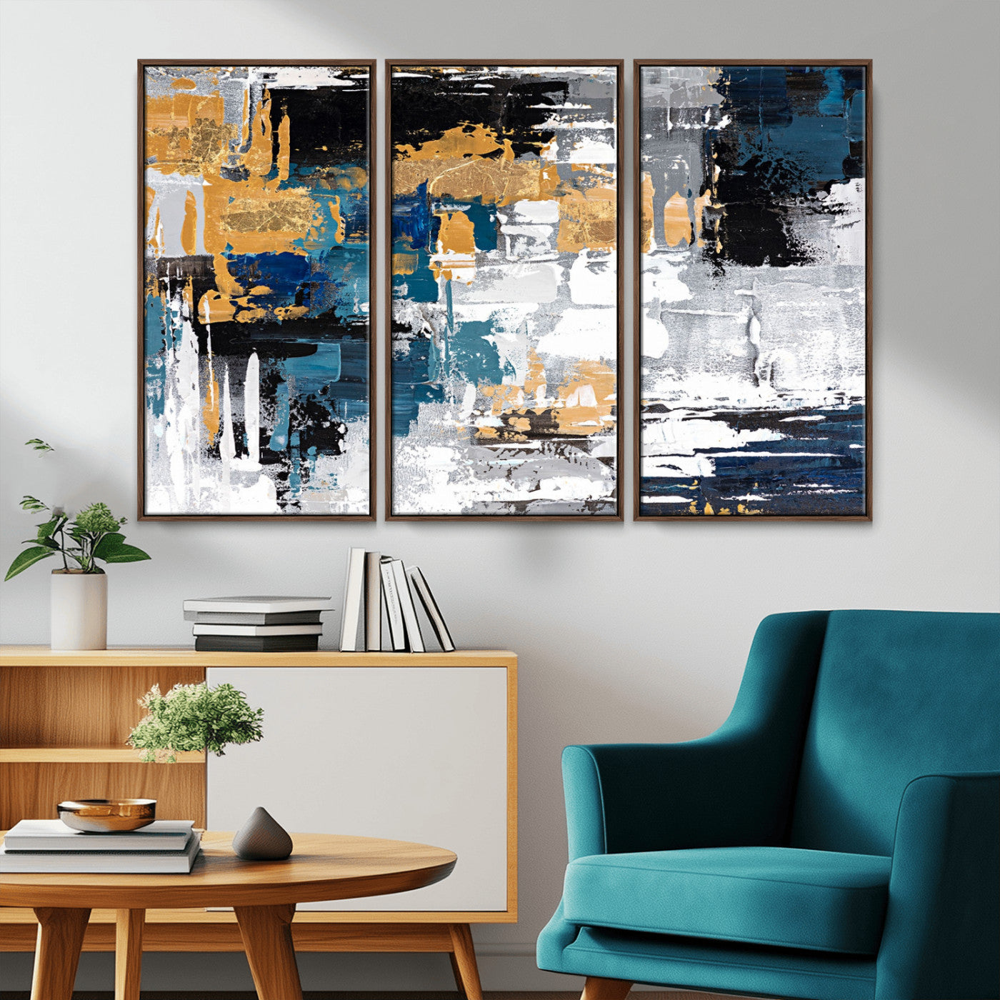 57708-MGV-CV-36X24-Blue and Gold Abstract Canvas Wall Art – Triptych Modern Painting for Living Room – Framed and Ready to Hang