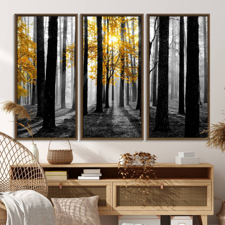 Nature Misty Foggy Autumn Forest Wall Art Print displayed above a modern dining room.