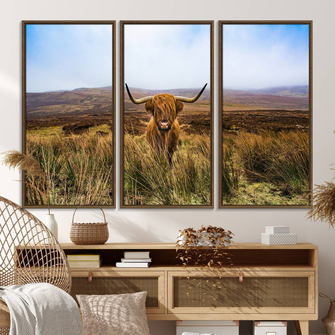 A Scottish Highland Cow art print canvas with UV-protection adorns the wall, preserving vivid details.