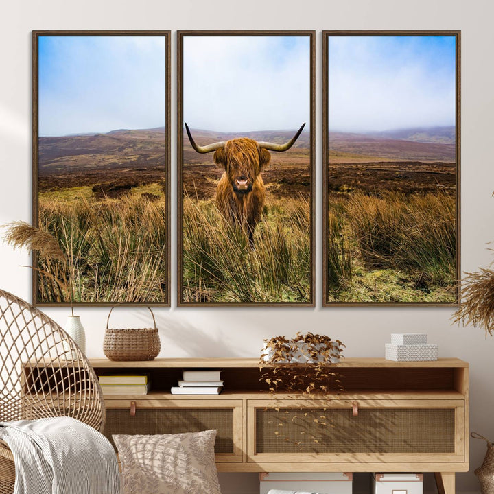 A Scottish Highland Cow art print canvas with UV-protection adorns the wall, preserving vivid details.