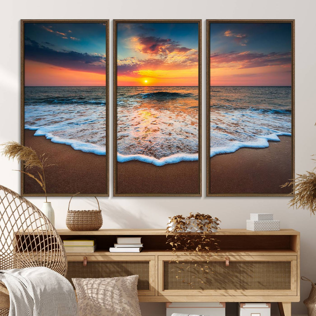 A Sunset with Calm Waves on the Beach Wall Art Canvas Print adorns the dining room.