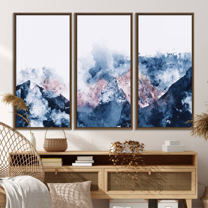 A modern kitchen showcases an Abstract Watercolor Mountain Landscape Art Canvas Print.